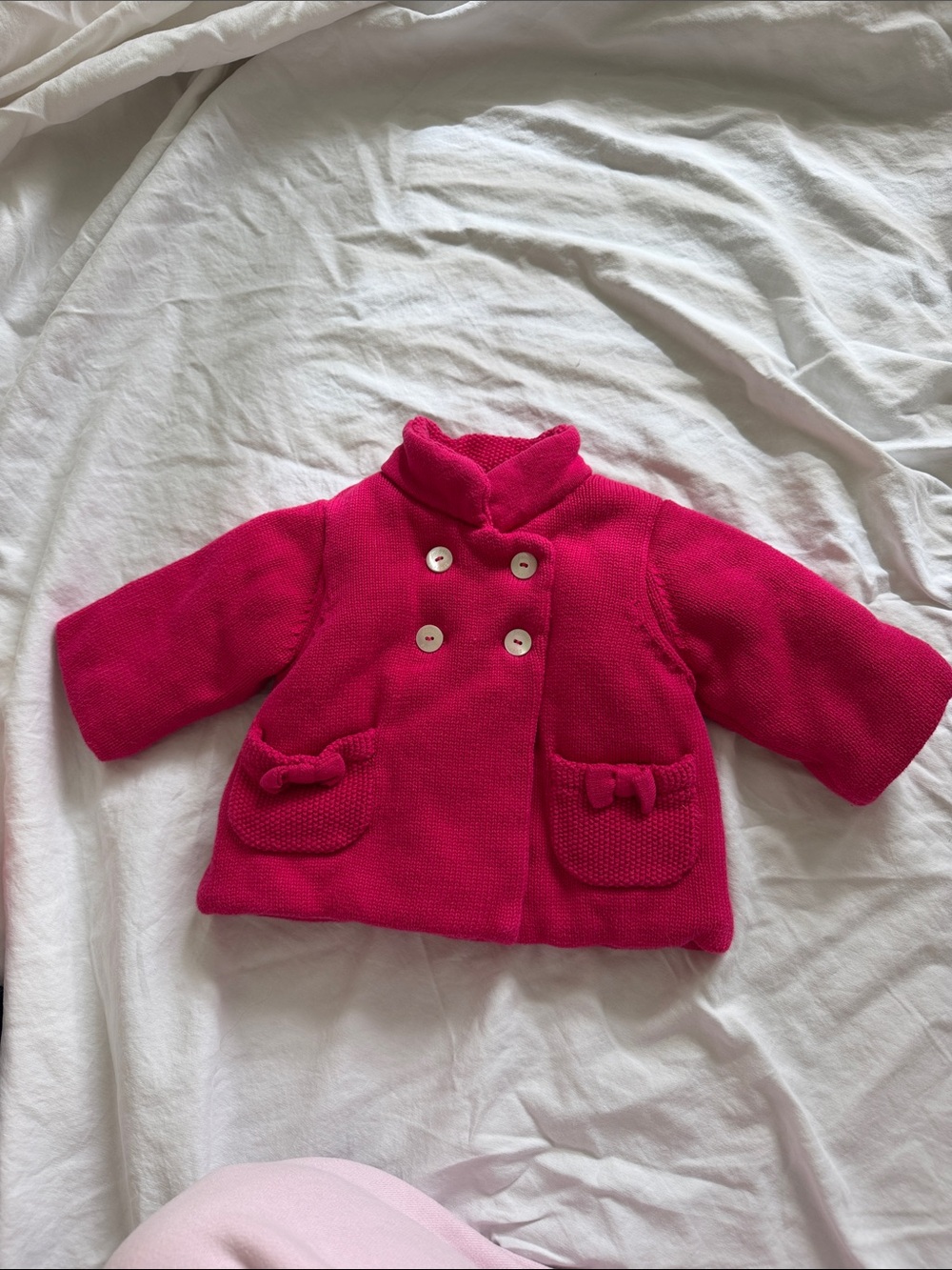 Jacadi Hot Pink Double-Breasted Pea Coat with Bow Pockets